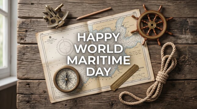 Nautical including a brass sextant a wooden ships wheel a compass and a coiled rope arranged on a weathered dark brown wooden table surface with a vintage maritime map in the center
