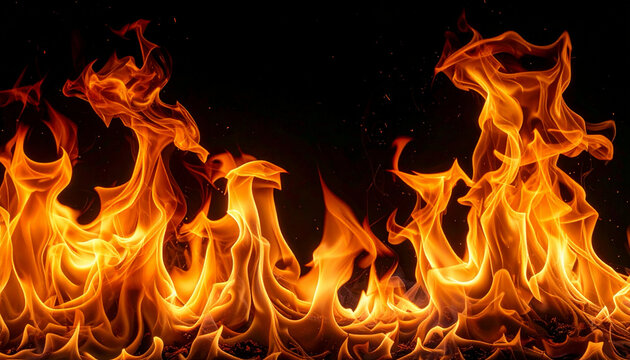 Fiery Orange Flames Dancing Against a Dark Black Background with Glowing Embers and Sparks, Abstract Background Texture