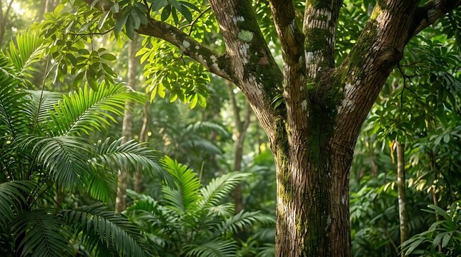A mature copaifera officinalis tree standing tall in a lush tropical rainforest environment with sunlight filtering through the dense canopy of green leaves