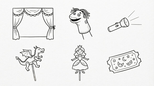 Set of Playful Hand Drawn Children Shadow Theater and Puppet Show Illustrations, Doodle Drawings of Blank Curtains Silhouette, Sock Puppet, Paper Shadow Figures, Simple Black Ink Doodle Style