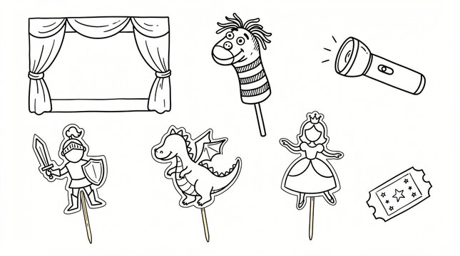 Set of Playful Hand Drawn Children Shadow Theater and Puppet Show Illustrations, Doodle Drawings of Blank Curtains Silhouette, Sock Puppet, Paper Shadow Figures, Simple Black Ink Doodle Style