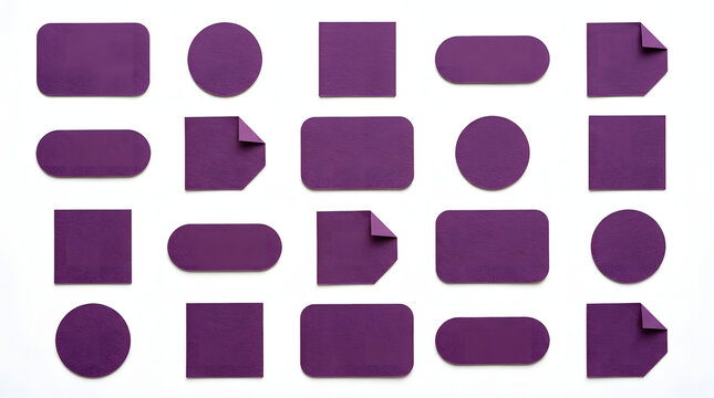 Set of flat purple geometric shapes and abstract forms on transparent background for design