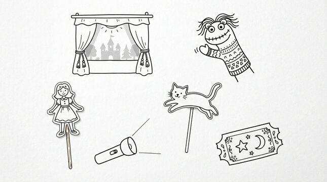 Set of Playful Hand Drawn Children Shadow Theater and Puppet Show Illustrations, Doodle Drawings of Blank Curtains Silhouette, Sock Puppet, Paper Shadow Figures, Simple Black Ink Doodle Style