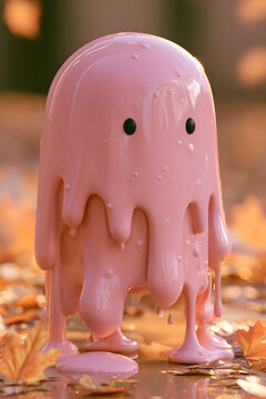 A paint-made pink Halloween ghost, with a subdued holiday spooky theme. Autumn serves as the backdrop.