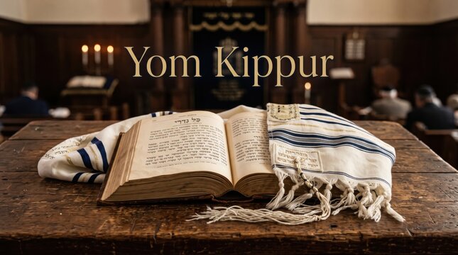 Open hebrew prayer book and white tallit prayer shawl with blue stripes resting on a rustic wooden table inside a synagogue with blurred background figures