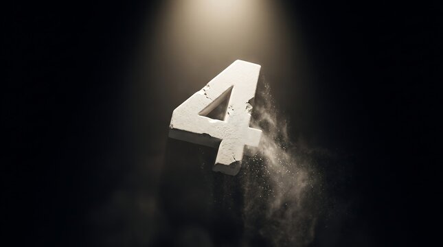 A large three-dimensional number four is illuminated by a spotlight against a dark.