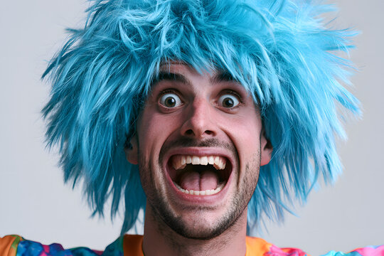 a young man with a blue wig and a funny sense of humor