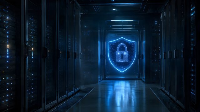 Glowing Digital Security Shield in Dark Server Room