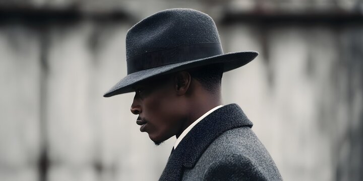 A black man wearing a formal dark coat and fedora hat in grayscale