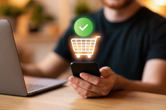 Shopping online with mobile phone for successful digital ecommerce payment purchase
