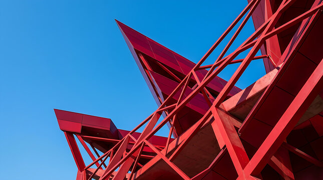 Vibrant geometric red wireframe structure against blue background.