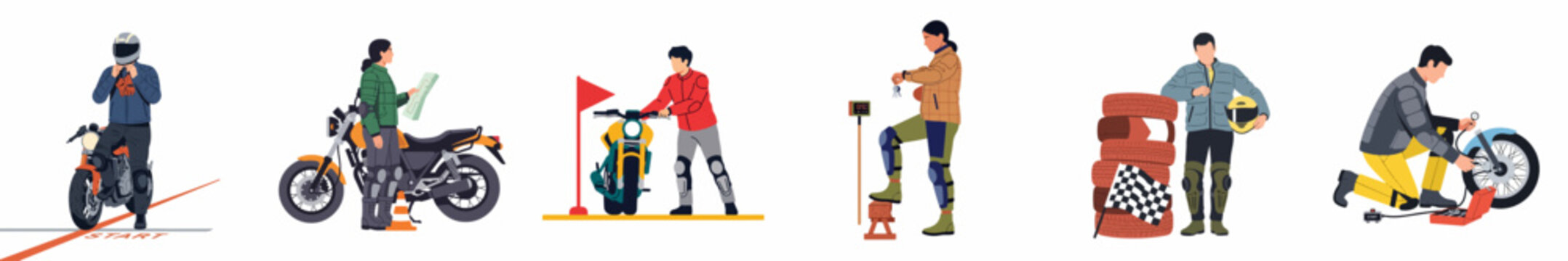 Flat Vector Illustrations Set Featuring Diverse People Engaged in Various Motorcycling Activities Including Riding, Navigating, Repairing, and Preparing for a Journey