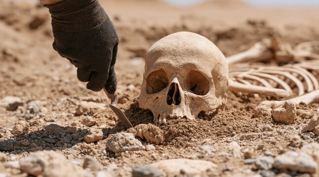 Archaeology expert performing human skull excavation in a remote desert landscape