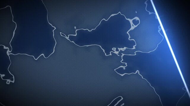 Digital map motion background with glowing blue light beam scanning world continent outline 4K