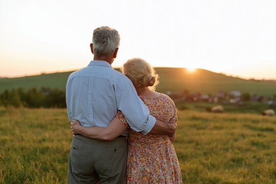 Senior couple embracing in nature at sunset representing love and retirement romance