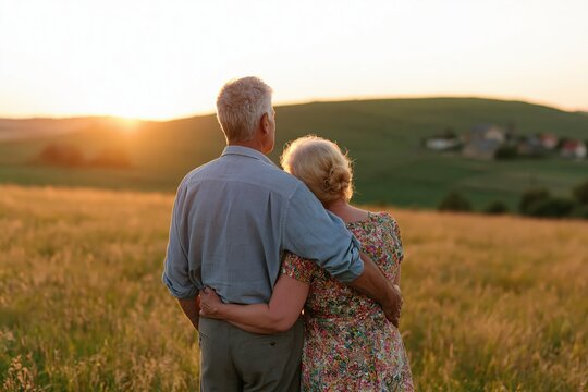 Senior couple in love standing in a golden wheat field with an elderly romance