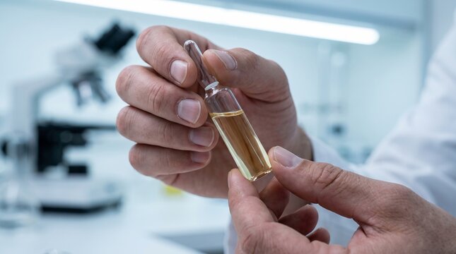 Scientists Hands Holding a Glass Ampoule with Yellowish Liquid for Medical Research in a Clean Laboratory