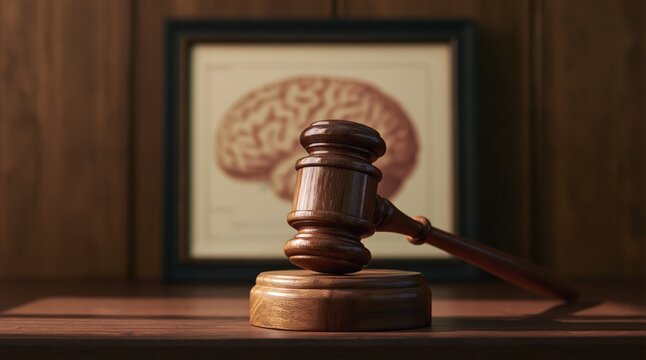 Gavel and judge hammer on desk near medical brain illustration for legal science