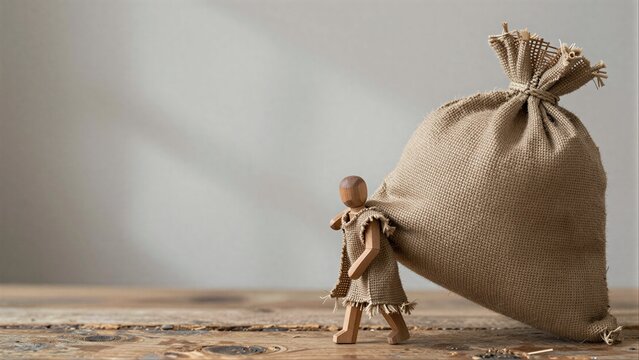 Two wooden figures carry a heavy burlap sack, symbolizing shared burdens.