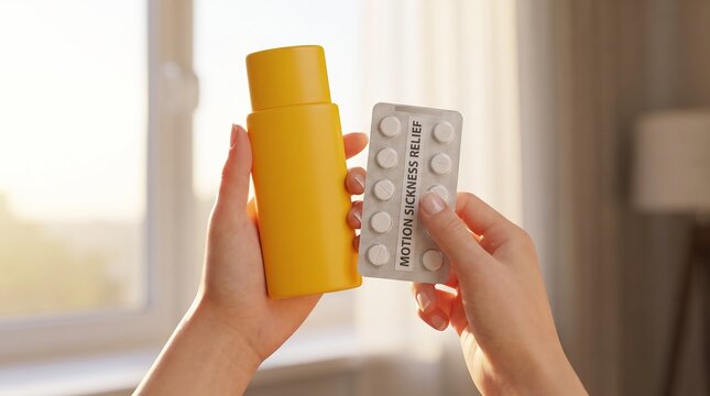 Person Holding Motion Sickness Relief Pills and a Yellow Bottle Ready for Travel or Health Management