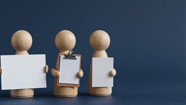 Three wooden figures hold blank papers, symbolizing teamwork or decision-making.