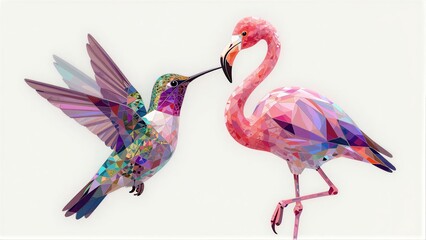 Naklejka premium A vibrant, geometric hummingbird and flamingo share a colorful, stylized moment.