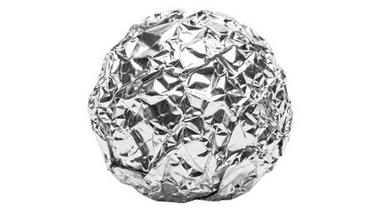Fototapeta premium Crumpled aluminum foil ball, shiny metallic surface with angular crinkled facets, edgy silver texture element for streetwear graphic design and modern packaging on transparent background