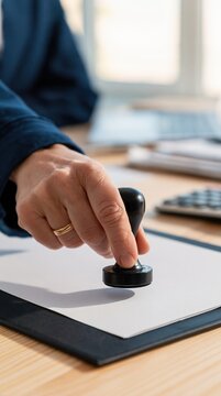 Stamping a document with an official stamp for business contract approval in office