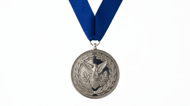 Silver medal on blue ribbon for sports competition and achievement awards isolated