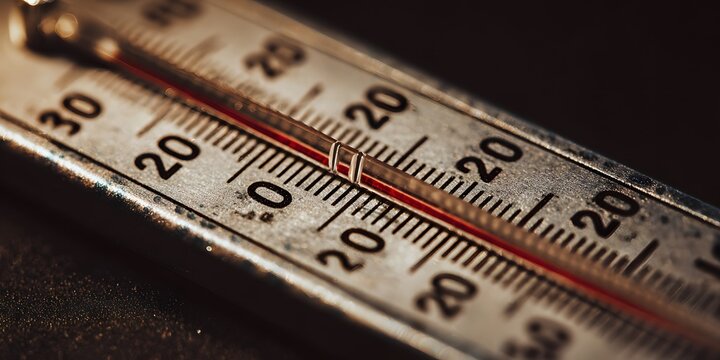 Closeup of a metallic thermometer displaying red liquid levels against numbered temperature marks.