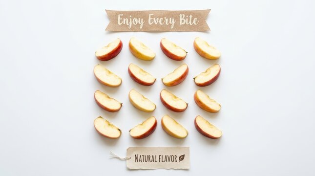 Symmetric grid of sixteen fresh organic red apple slices arranged on a plain background with rustic burlap and paper tags saying enjoy every bite and natural flavor perfect for healthy snack ideas