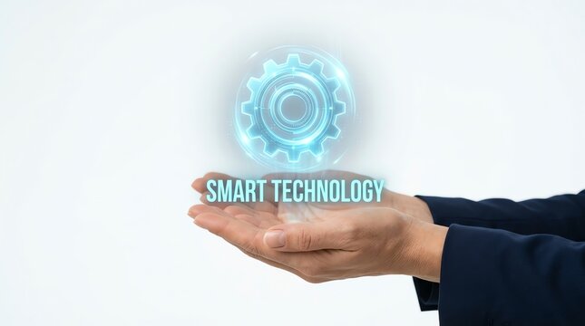 Professional Business Person Holding a Glowing Digital Cogwheel Hologram Representing Innovative Smart Technology Solutions