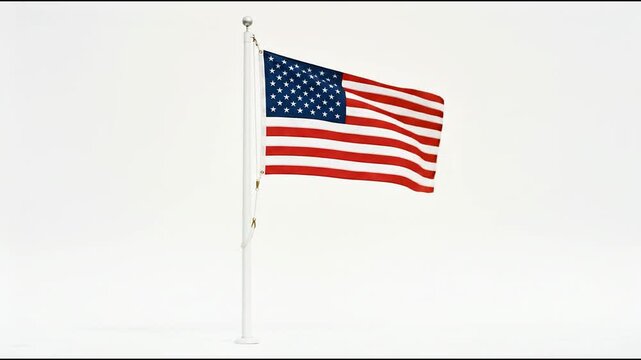 USA flag waving on pole isolated on clean white background.