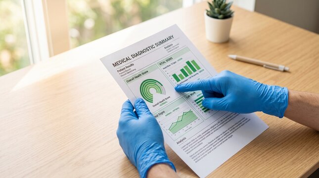 Medical Professional in Blue Gloves Analyzing a Diagnostic Health Summary Report Showing Normal Vital Signs and Lab Results