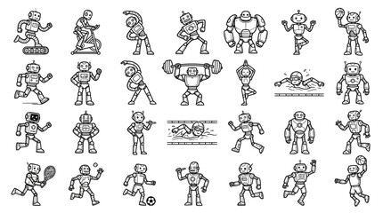 Obraz premium Robot fitness icons featuring various athletic poses, workout routines, and sports activities in black and white vector line art.