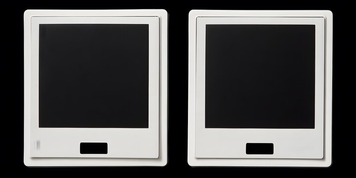 Two identical white framed tablets with black screens sit side by side on a solid black background.