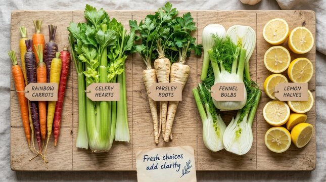 Fresh organic vegetables including rainbow carrots celery fennel and parsley roots neatly arranged on a rustic wooden board with paper labels, showcasing healthy food and excellent culinary choice