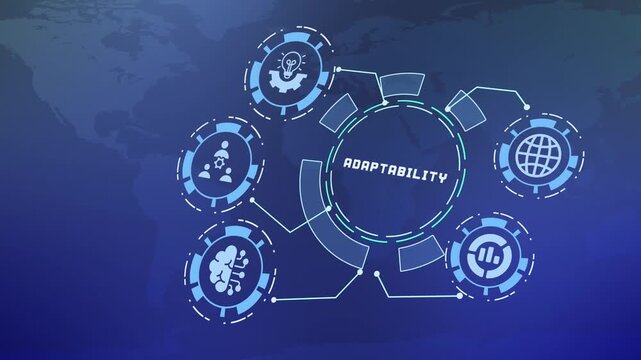 Dynamic tech HUD interface displaying business adaptability and digital flexibility.