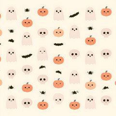 Obraz premium For a celebratory theme, featuring a baby seamless pattern, cute kids background includes cartoon elements like a pumpkin, ghost, bat, skull, and spider. The style is Scandinavian, suitable for fabric