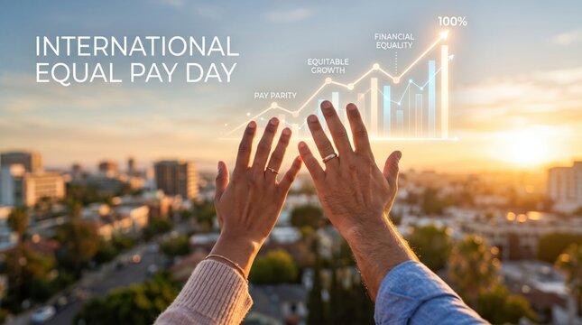Two people reaching hands toward a glowing digital financial growth chart with text about international equal pay day against a sunset city skyline background