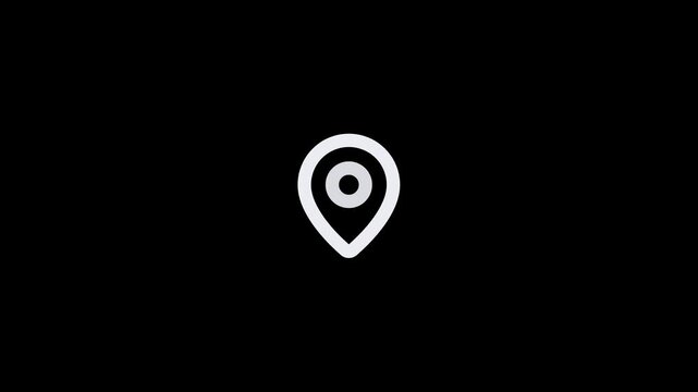 Minimalist white location pin icon isolated on a solid black background.