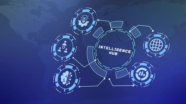 Animated digital technology interface representing a central artificial intelligence hub.