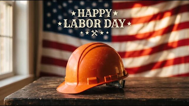 Orange safety helmet on wooden table with American flag celebrating Labor Day