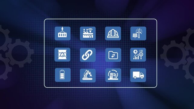 Industrial technology icon animation showing energy, construction, logistics, supply chain and smart production solutions.