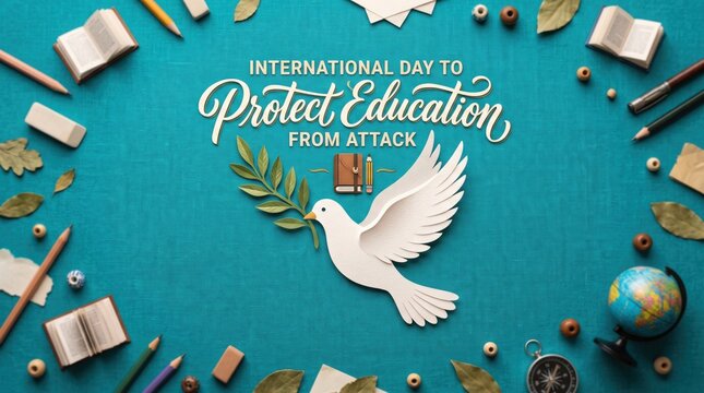 White paper dove holding an olive branch surrounded by open books pencils erasers and a globe on a textured teal background with the text international day to protect education from attack