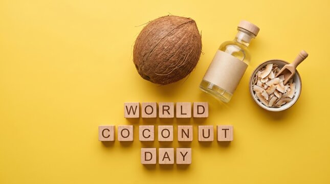 Whole coconut glass bottle of oil and bowl of coconut flakes with wooden letter blocks spelling coconut day on a bright yellow background