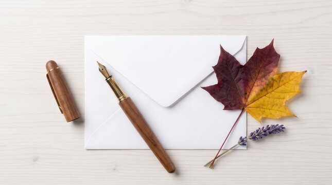 Wooden fountain pen with cap white paper envelope and colorful autumn maple leaf on light wood surface