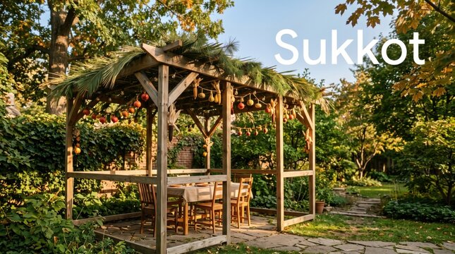 Wooden sukkah structure with palm frond roof and hanging fruit decorations in a lush green garden setting during the afternoon sunlight with the word sukkot written in white text