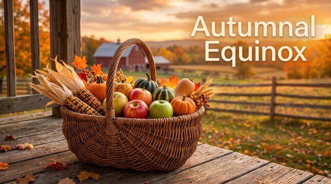 Woven basket filled with fresh autumn harvest including pumpkins apples and dried corn cobs sitting on a rustic wooden porch during a golden sunset with a farm landscape in the background