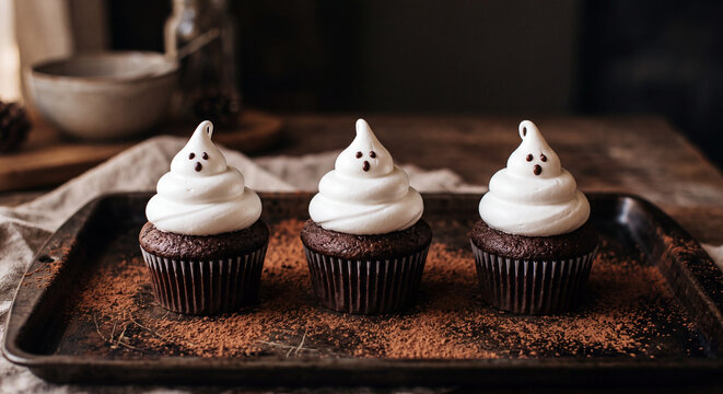 Three chocolate cupcakes topped with meringue ghost frosting on a cocoa-dusted baking sheet for Halloween treats